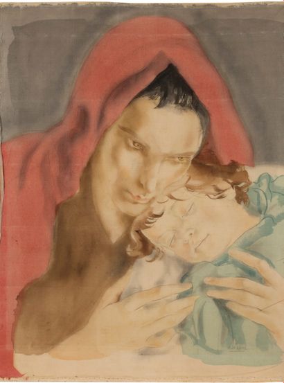 ALIX AYMÉ (1894 - 1989) Grande maternité
Encre et couleurs sur soie, signée en bas... Gazette Drouot