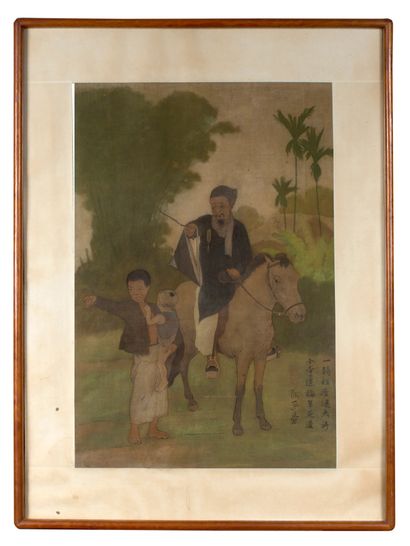 THANG TRẦN PHỀNH (1895-1973) Le chef du village à cheval demandant son chemin, circa... Gazette Drouot