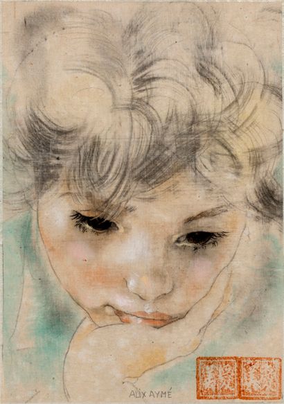 ALIX AYMÉ (1894-1989) Portrait d'enfant
Encre et couleurs sur soie, signée en bas... Gazette Drouot