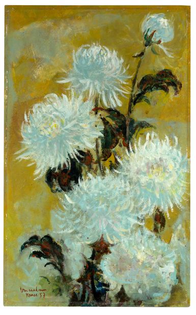 VŨ CAO ĐÀM (1908-2000) Fleurs, 1957
Huile sur panneau signée, située et datée en... Gazette Drouot