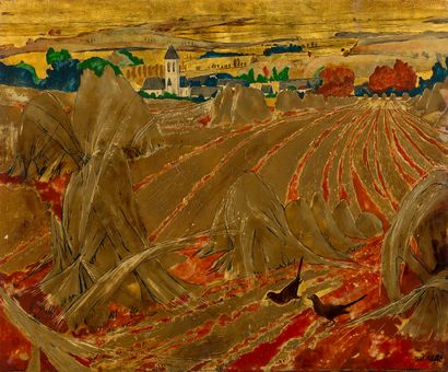 ALIX AYMÉ (1894 - 1989) Meules de foin aux abords d'un village
Laque à rehauts d'or,... Gazette Drouot
