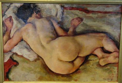 Pierre-Francois FARREY (né en 1896) 
Nu couché de dos
Huile sur toile
Signée en bas...