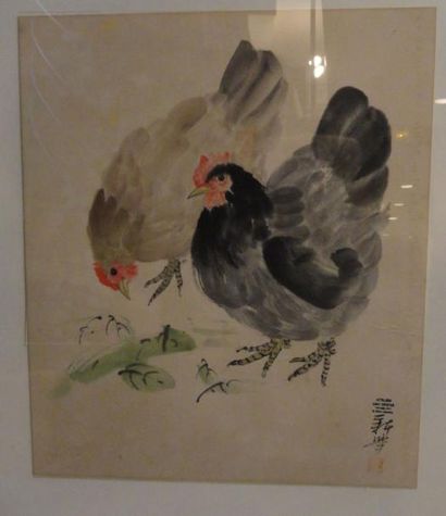 LIAO XINXUE 
Poules
Aquarelle sur papier, signée, marquée
d?un cachet chinois et...