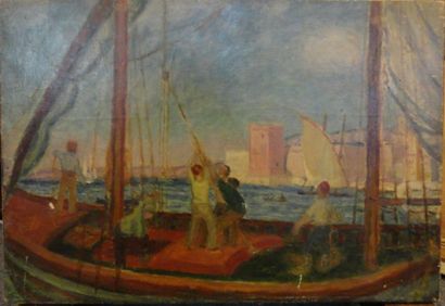 Eugène Antoine DURENNE (1860-1944) 
La bartane, 1918
Huile sur toile, signée en bas...
