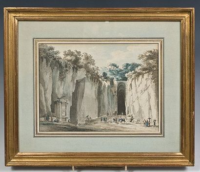 Claude Louis CHATELET (1750-1795) Vue de l'entrée de la grotte du Pausilippe Lavis...