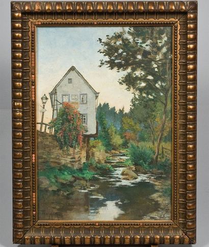Théodore HANNON (1851 - 1916) Paysage et maison au bord de l'eau Gouache sur carton...