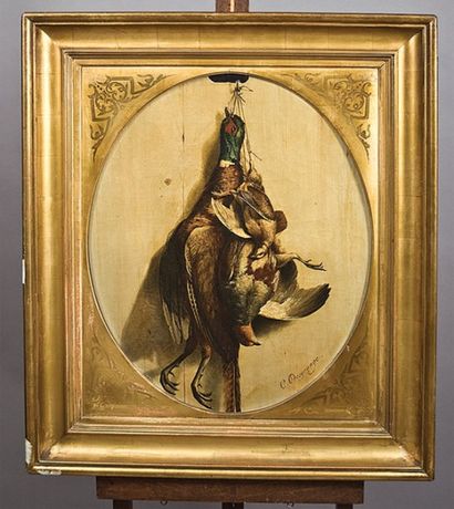 DESGRANGE, Jean Baptiste Charles (1821-?) Huile sur toile. Nature morte aux faisans,...