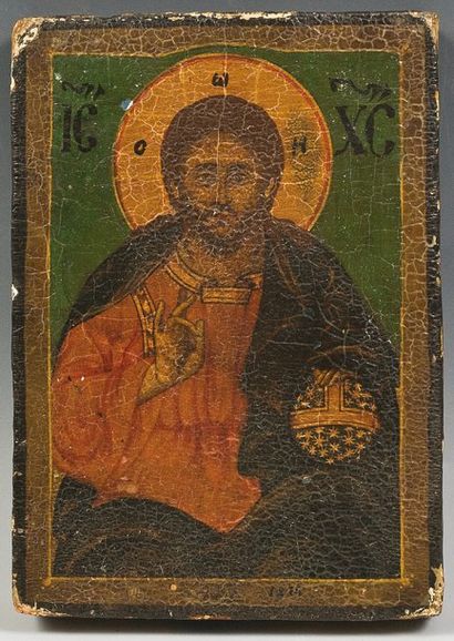 null ICONE Christ pantocrator Tempera sur bois Balkans, daté 1874 20,5 x 14,5 cm