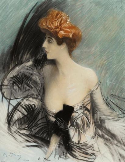Giovanni BOLDINI (1842-1931) Lithographie polychrome figurant un élégante à la chevelure...