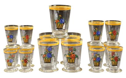 Marcel GOUPY (1886-1954) Partie de service composé de 17 verres translucides à décor...