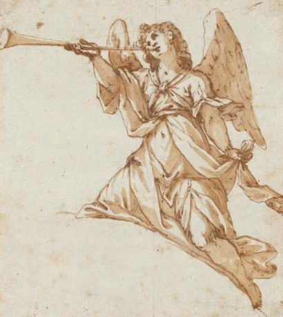 Ecole italienne du XVIème siècle Etude d'ange musicien Pierre noire, plume, encre...