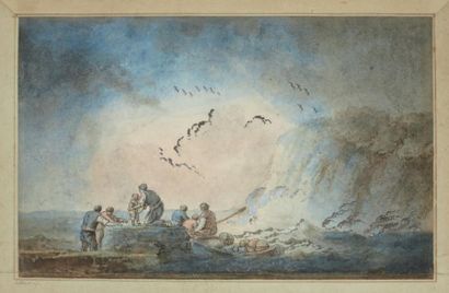 LEBLANC, XVIIIème siècle Personnages au bord de la mer Plume, encre brune et aquarelle...