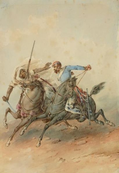 Pierre LETUAIRE (1798-1885) Choc de cavalerie Aquarelle 32 cm x 22 cm Signée en bas...