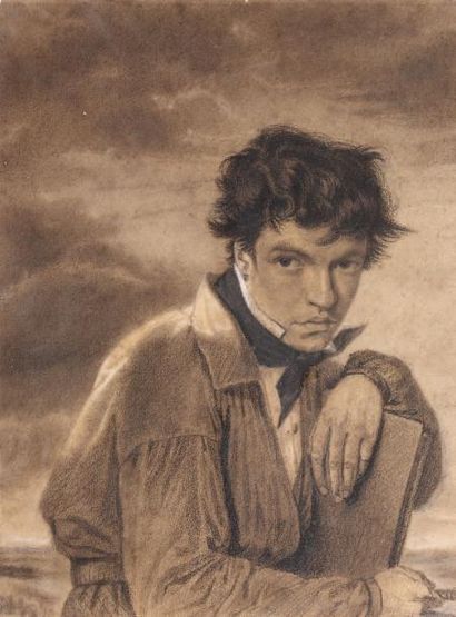 ECOLE FRANCAISE DU XIXème siècle Portrait d'artiste Pierre noire et rehauts de blanc...