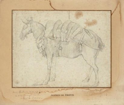 Alfred de DREUX (1810-1860) Etude de cheval Pierre noire 21,5 x 28 cm. Pliures et...