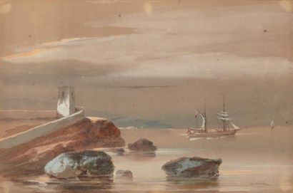 Pierre LETUAIRE (1798-1885) Voilier à la sortie d'un port Gouache; Signée en bas...