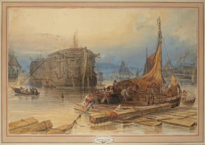 Samuel COOK OF PLYMOUTH (1806-1859) Scène de port Aquarelle 41 x 62,2 cm Signé à...