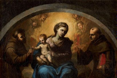 Ecole ESPAGNOLE vers 1650 Vierge à l'enfant entourée de Saint François et Saint Antoine...