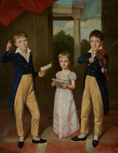 École FRANÇAISE vers 1810 Un concert d'enfants Toile 103 x 81 cm