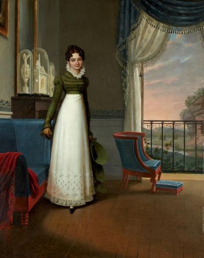 Edouard PINGRET (1788 - 1875) Portrait de jeune fille dans un intérieur ouvrant sur...
