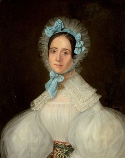 Henri Guillaume SCHLESINGER (1814-1893) Portrait de jeune fille aux rubans bleus...