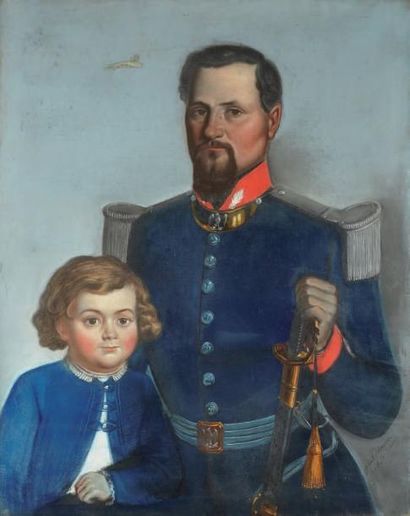 Paul DELAGARDE**** Portrait d'officier et de son fils Pastel sur toile, signé en...