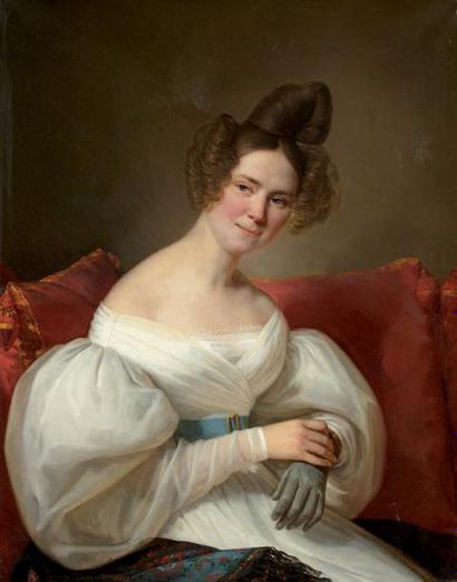 Attribué à Claude Marie DUBUFFE (1790-1864) Portrait de jeune femme sur un canapé...