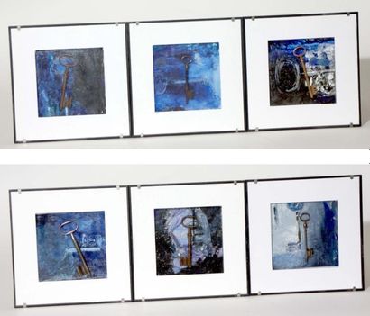 Yvette COLOMES "Ensemble de 6 tableaux" Bois, verre, peinture, clés 20x20 cm