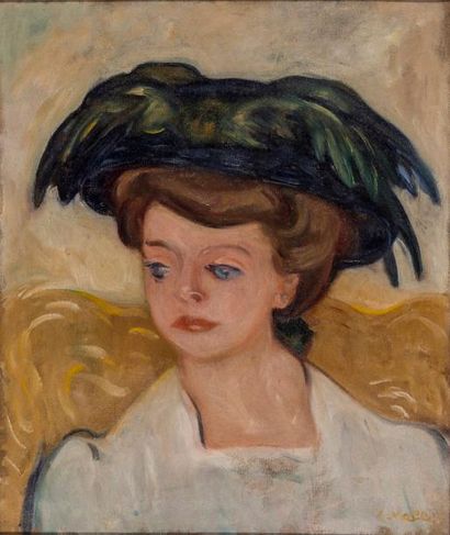 Louis VALTAT (1869-1952) Femme au chapeau vert, 1907 Huile sur toile, signée en bas...