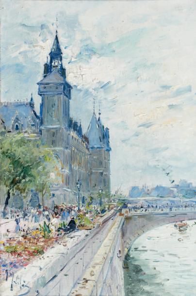 Gustave MADELAIN (1867-1944) Vue de l'île de la Cité Huile sur toile, signée en bas...