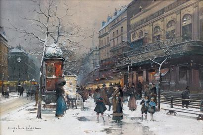 EUGÈNE GALIEN LALOUE (1854-1941) Les Grands Boulevards sous la neige Gouache sur...