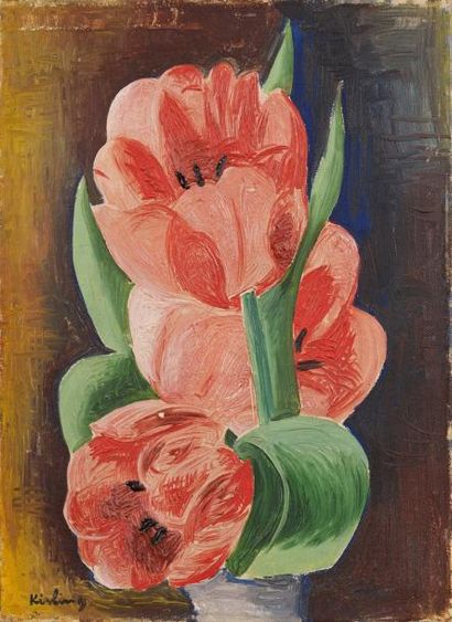 Moïse KISLING (1891-1953) Tulipes roses, 1934 Huile sur toile, signée en bas à gauche...