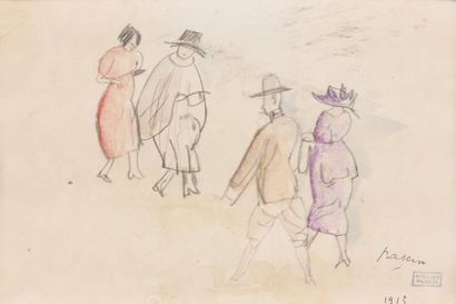 Jules PASCIN (1885-1930) La promenade USA, 1915 Crayon et réhauts d'aquarelle sur...