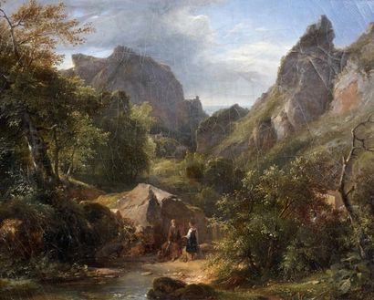 Achille Etna MICHALLON (1796-1822) Conversation dans un paysage, 1822 Huile sur toile,...
