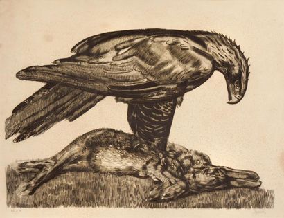 Paul JOUVE (1878-1973), d'après «Aigle enserrant un lièvre» Gravure sur papier. Signée...