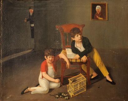 ECOLE FRANCAISE DU XIXème siècle Jeunes enfants aux oiseaux Huile sur toile 58 x...