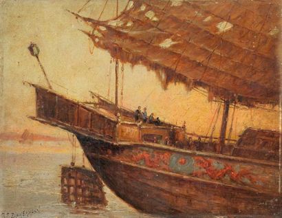 Reinhard ZIMMERMANN (1815-1893) La vieille jonque chinoise de Nankin Huile sur panneau,...