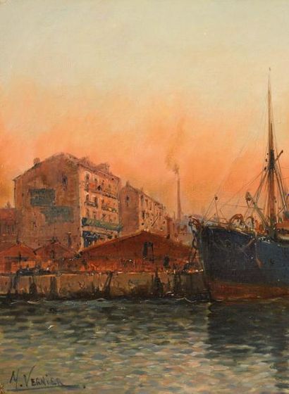 Jules VERNIER (1862-1937) Le Port Huile sur toile, signée en bas à gauche 38 x 55...