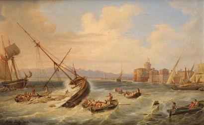 Pietro DELLA VALLE (1827-1891) Entrée difficile au port de Livourne Huile sur toile,...