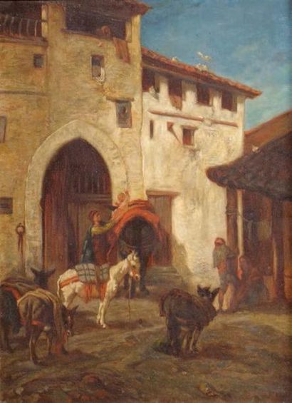 Ecole Italienne du XIXème siècle La porte de la ville, paysage de toscane Huile sur...