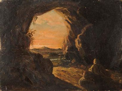 École régionale du XIXème siècle La méditation dans la grotte au crépuscule Huile...