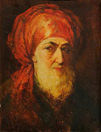 E.ROMANI Homme au turban rouge Huile sur panneau, signée en haut à droite 35,5 x...