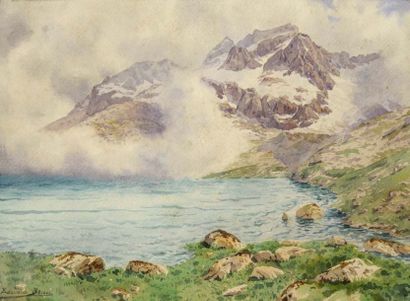 Edouard BRUN (1860-1935) Lac de montagne Aquarelle, signée en bas à gauche 26,5 x...
