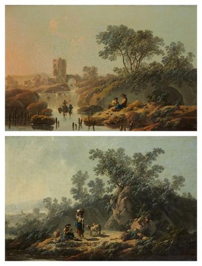 JEAN PILLEMENT (1727-1808) Bergers au repos près d'une rivière Paires de toiles 32...