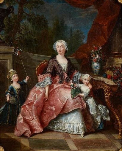 Pierre VILLEBOIS (1705-1765) Jeune femme et ses deux enfants dans un intérieur dans...