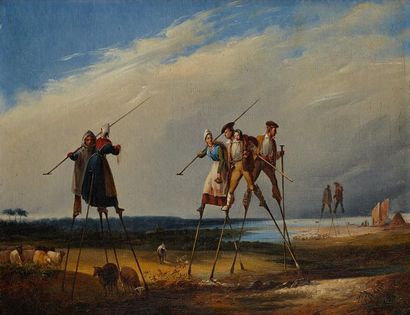 Louise VALLOT Les bergers landais Toile, signée et datée 1831 32,5 x 41 cm