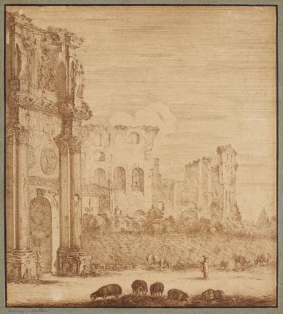 Adam PERELLE (Paris, 1638-1695) Vue du forum de Rome, avec bergers Plume, encre brune...