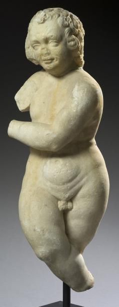 null Statue en marbre blanc de Carrare, représentant Eros debout les jambes croisées,...