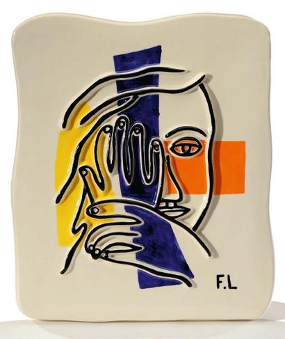 Fernand LÉGER (1881-1955) Visage aux deux mains Sculpture polychrome en céramique... Gazette Drouot