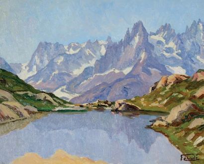 Florent CHADE (Paris 1895 - Grenoble 1985) Les aiguilles de chamonix depuis le Lac...